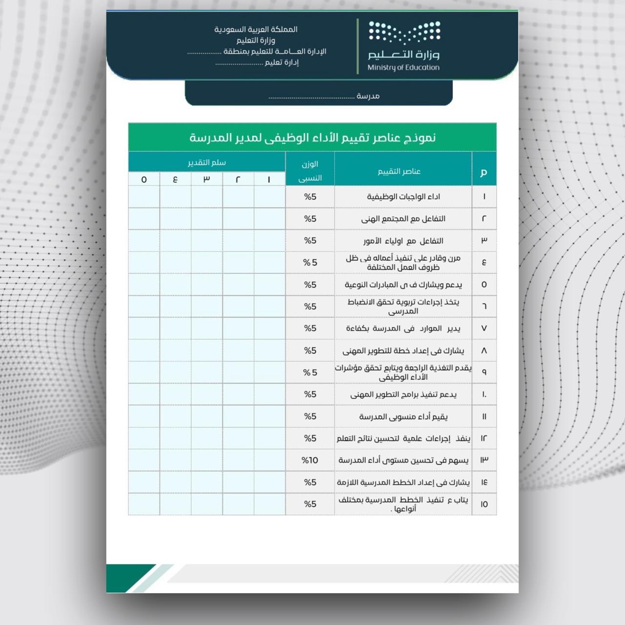 سجل توثيق شواهد الاداء الوظيفي لمدير المدرسة