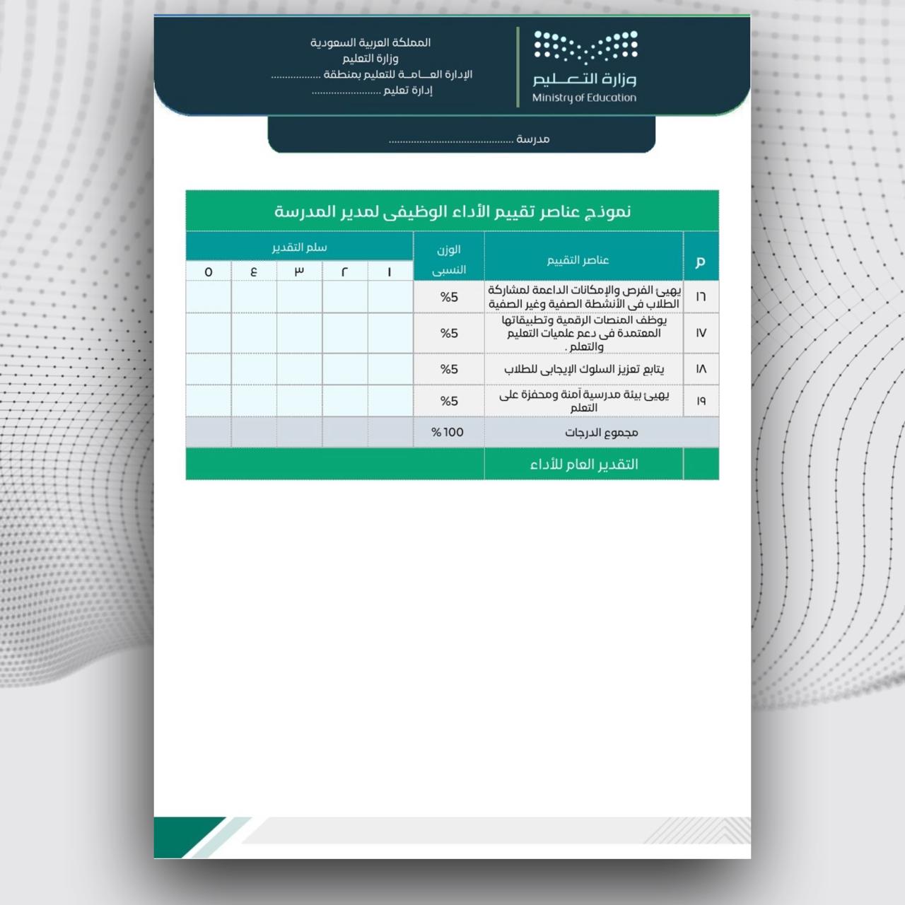 سجل توثيق شواهد الاداء الوظيفي لمدير المدرسة