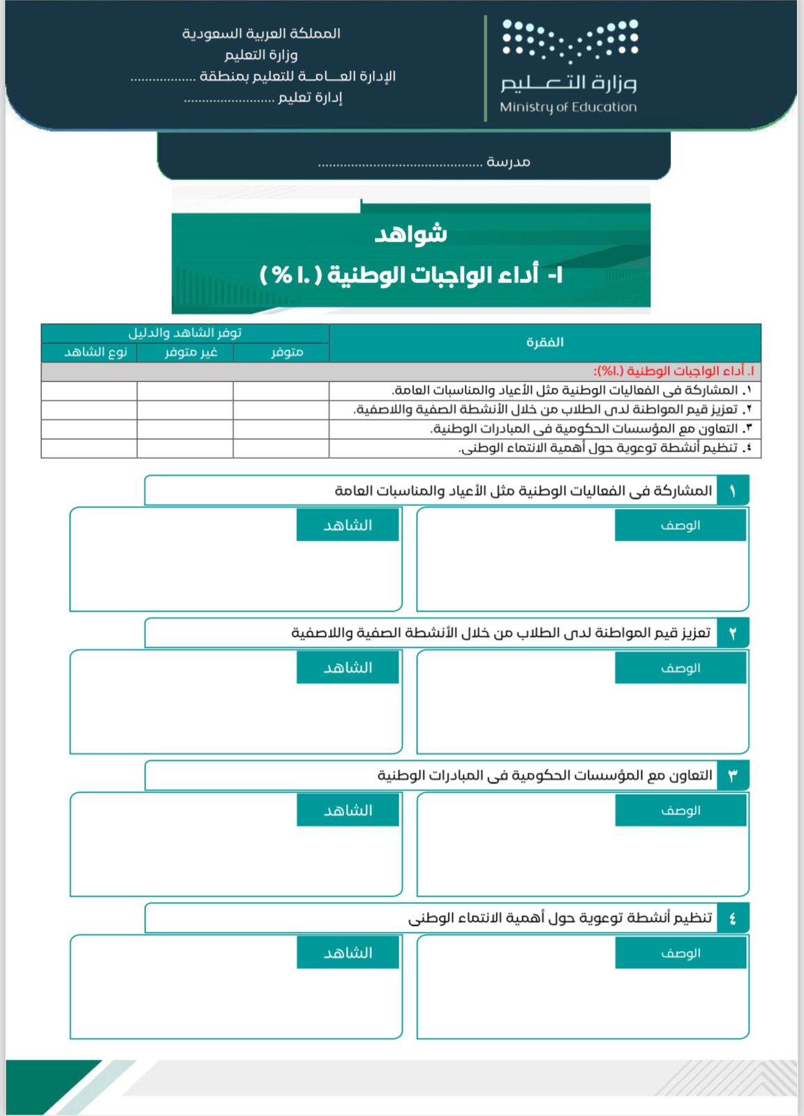سجل توثيق شواهد الأداء الوظيفي لرائدة النشاط الطلابي